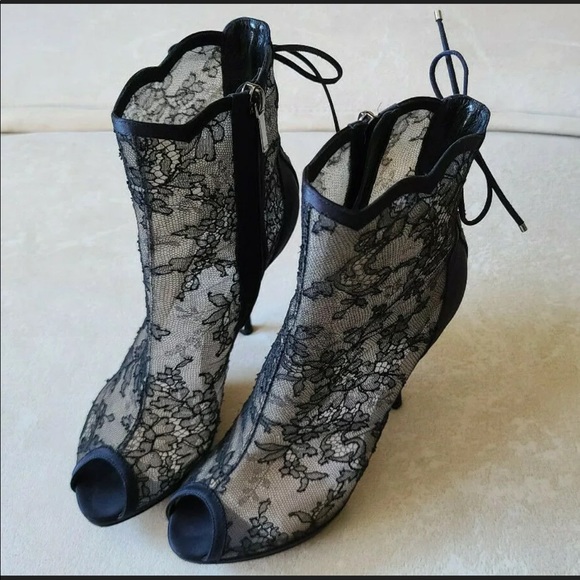 Dior Lace And Satin Mock Lace Up Peep Toe Booties - Picture 6 of 10